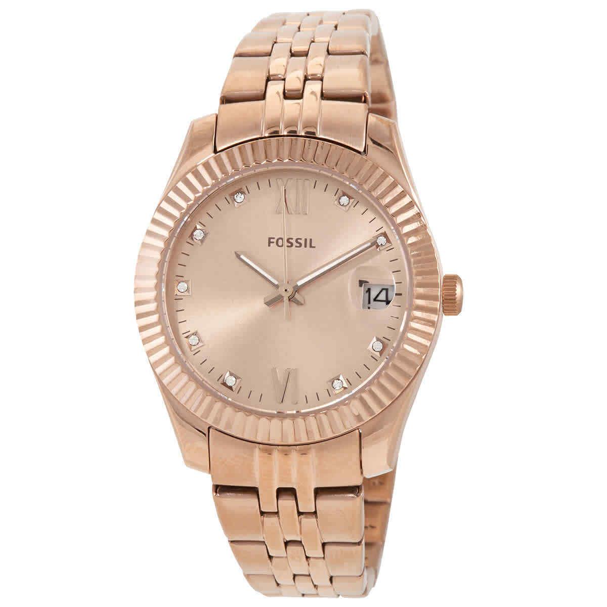 Fossil Scarlette Mini Quartz Crystal Rose Gold Dial Ladies Watch ES4898 - Dial: Rose Gold-tone, Band: Rose Gold-tone, Bezel: Rose Gold-tone