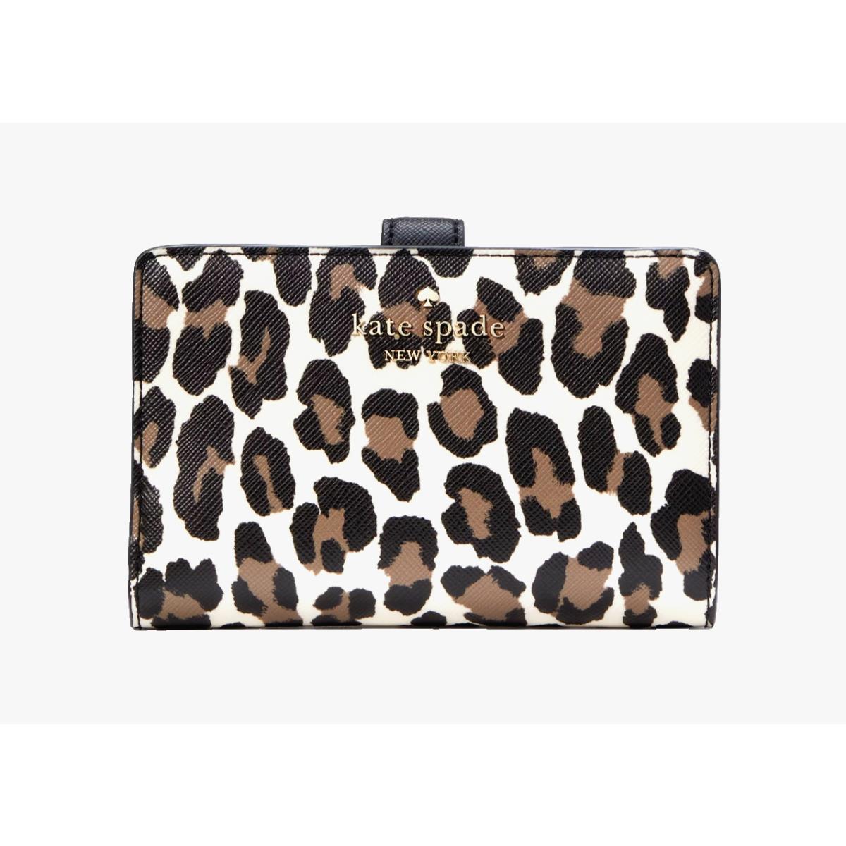 New Kate Spade Madison Spotted Leopard Medium Compact Bifold Wallet Cream Multi