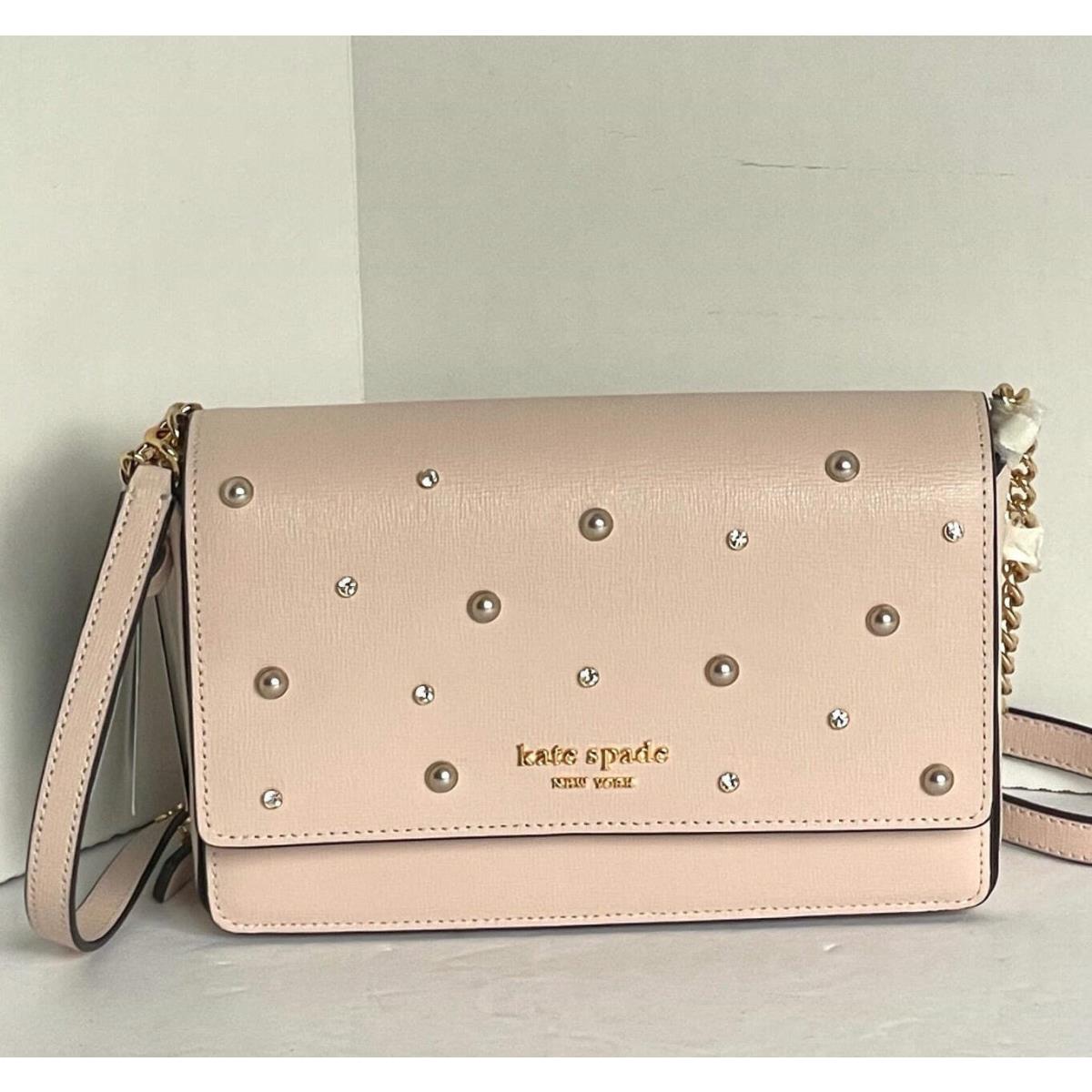 Kate Spade Purl Pearl Flap Shoulder Bag Beige Clutch Chain Wallet Crystals