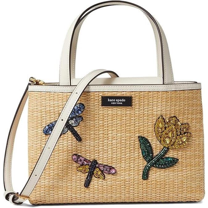 Kate Spade Sam Icon Small Dragonfly Embellished Straw Small Tote Crossbody Purse