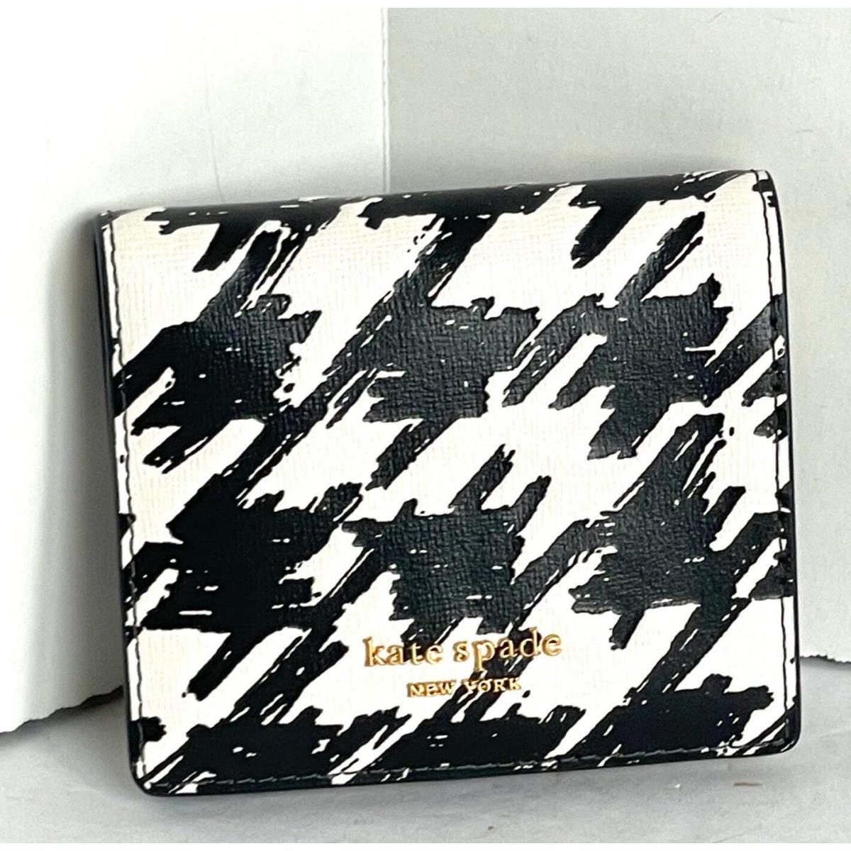 Kate Spade Morgan Houndstooth Compact Wallet Black Leather Bifold Painterly