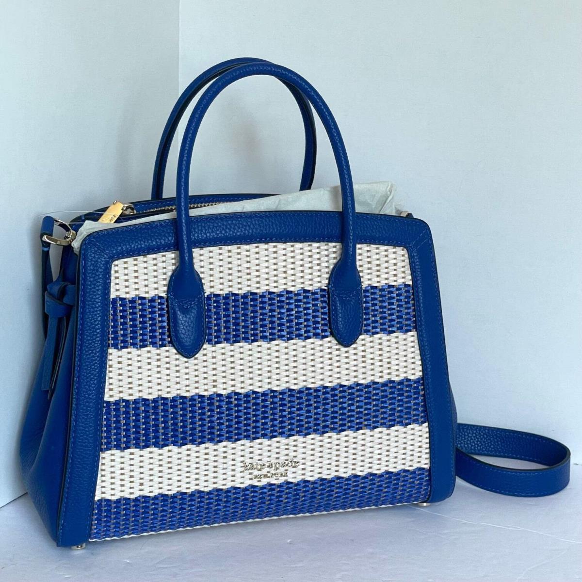 Kate Spade Knott Blue Stripe Medium Crossbody Satchel Straw Leather Shoulder Bag