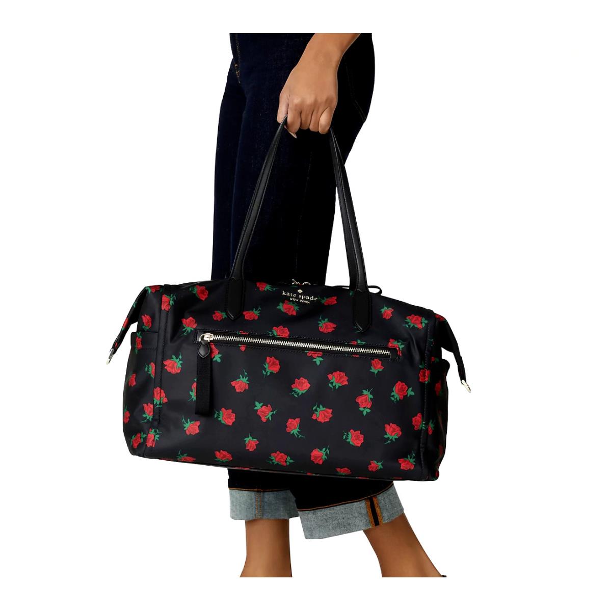 Kate Spade Chelsea Weekender - Rose Toss Print Gym Duffle Travel Bag Floral - Handle/Strap: Black, Exterior: Black, Lining: Black