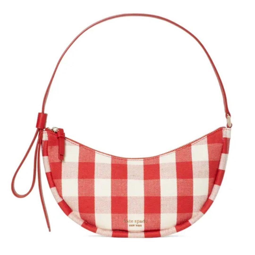 Kate Spade Smile Shoulder Bag Red Gingham Small Leather Fabric Zip Top