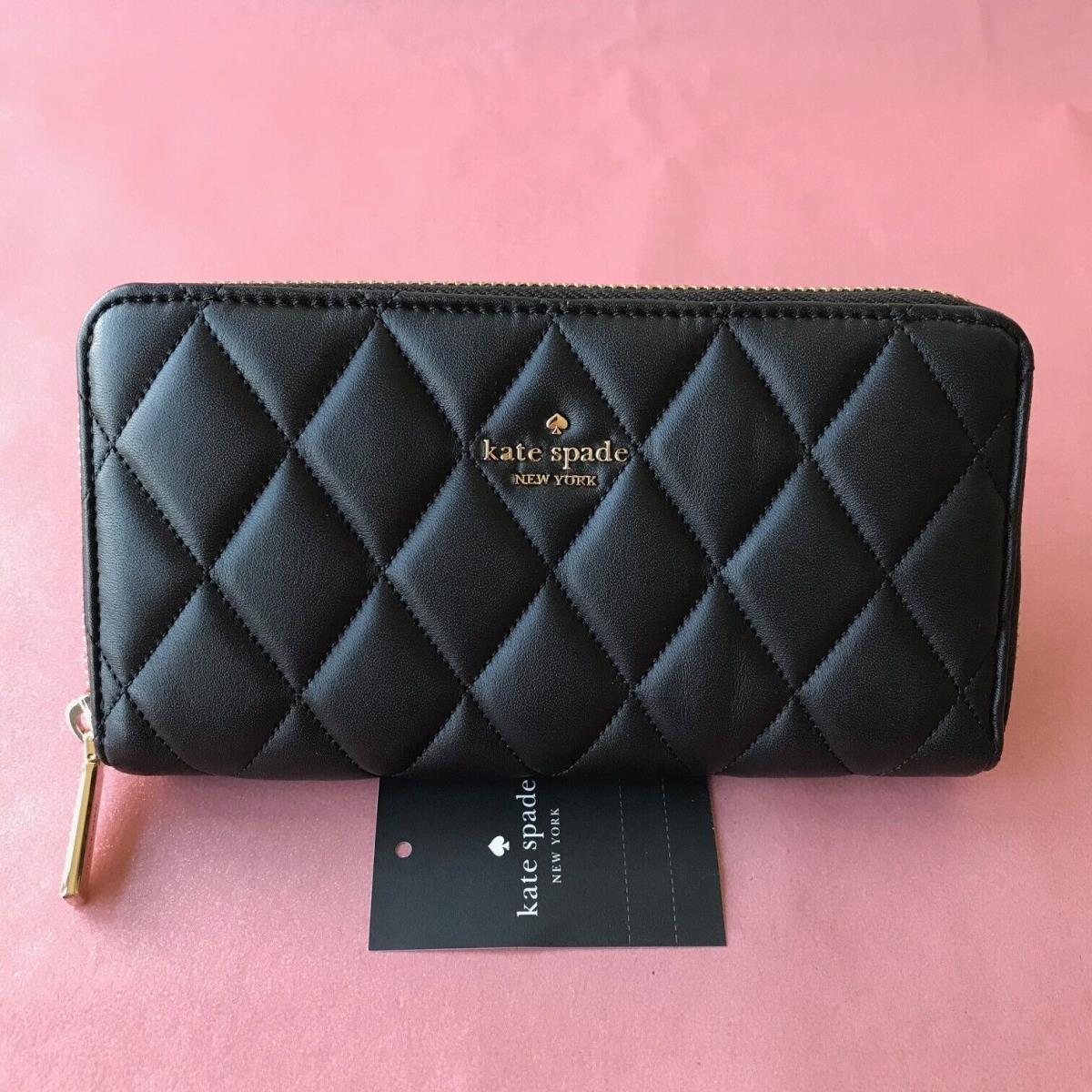 Kate Spade Black Quilted Leather Zip Around Wallet Logo