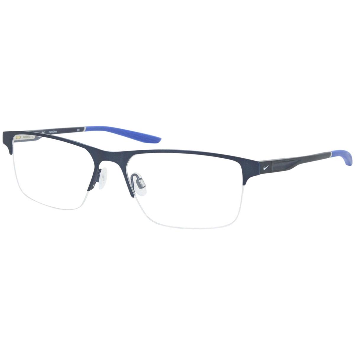 Nike 8045 416 Eyeglasses Men`s Brushed Thunder Blue Half Rim Rectangular 57mm