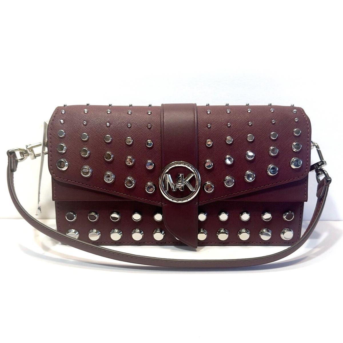 Michael Kors Purse Shoulder Bag Red Silver Tone Studded Convertible Merlot