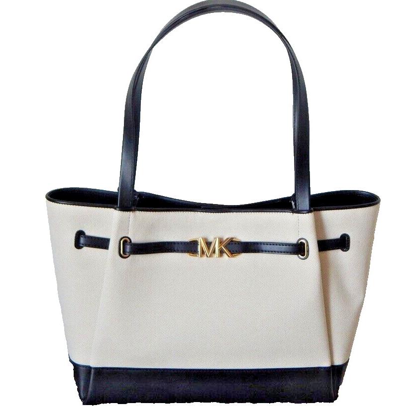 Michael Kors Reed Canvas Large Belted Tote Shoulder Bag Black / Pale Beige