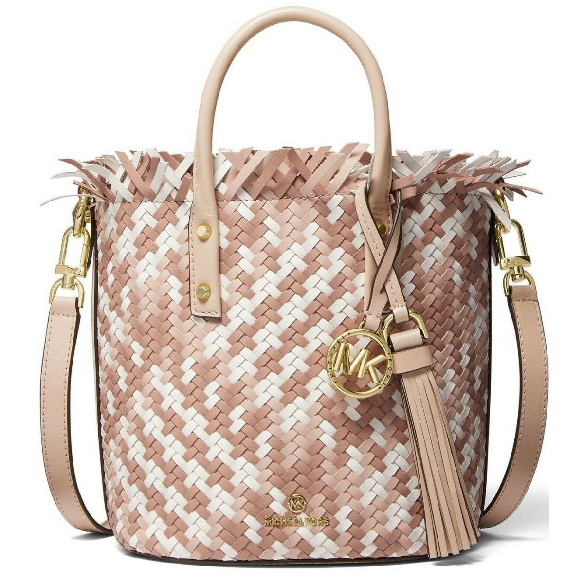 Michael Kors Marley Luggage White Woven Bucket Messenger Handbag