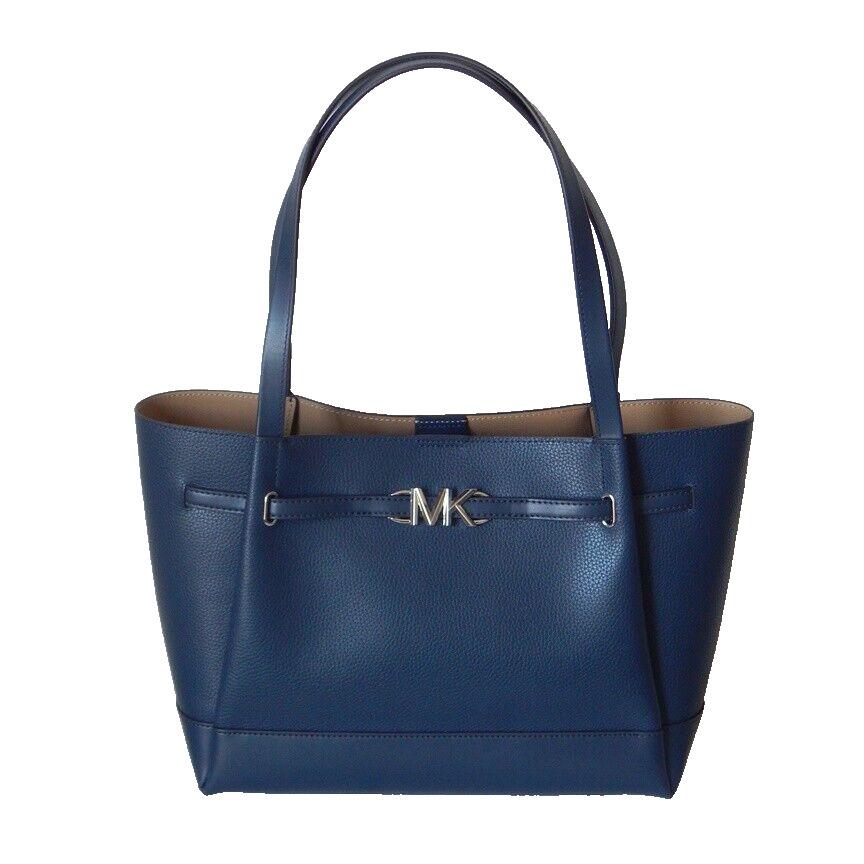 Michael Kors Reed Leather Large Belted Tote Shoulder Bag Navy