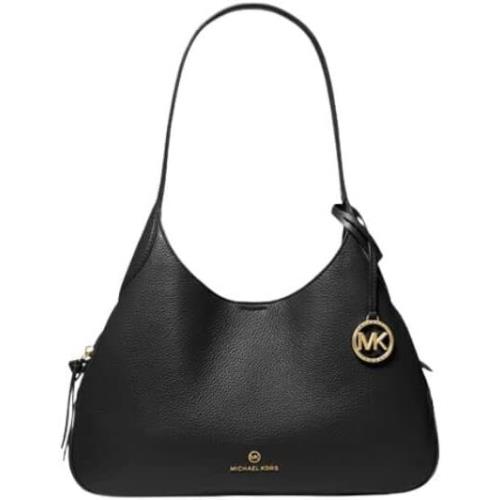 Michael Kors Kelsey Pebbled Leather MK Signature Large Shoulder Bag Purse Black