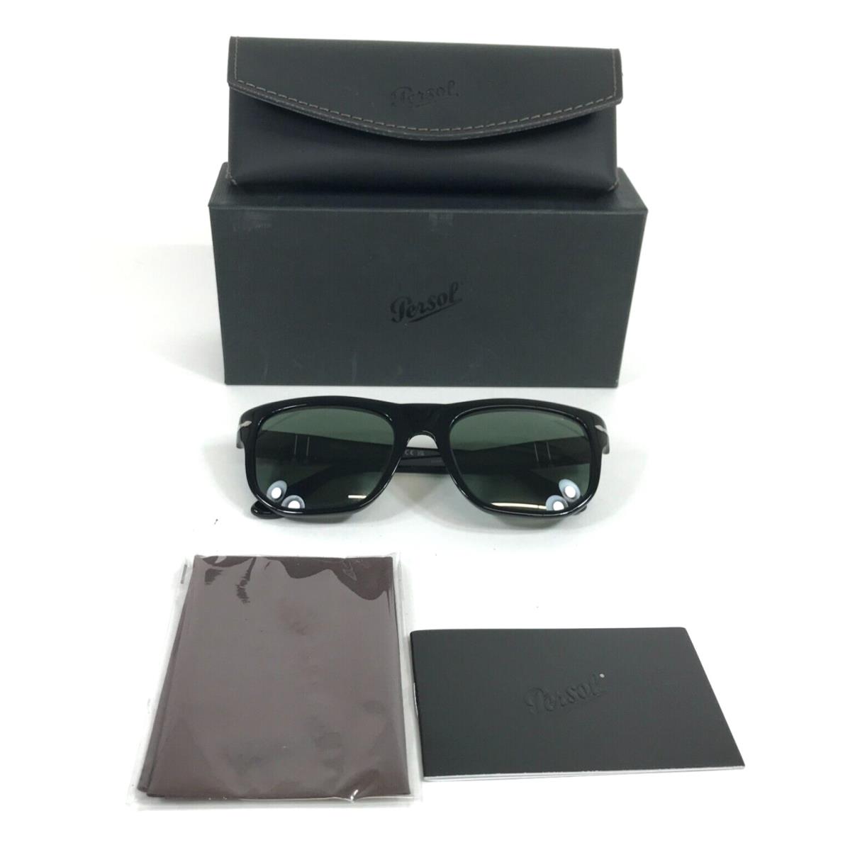 Persol Sunglasses 3306-S 95/31 Shiny Black Square Frames with Green Glass Lenses