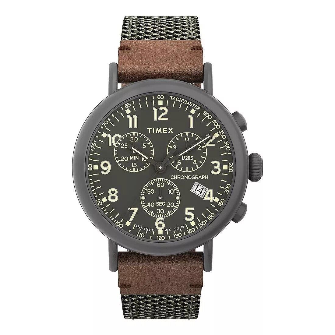 Men`s Watch Timex TW2U89500 Chronograph Leather Canvas Green Indiglo