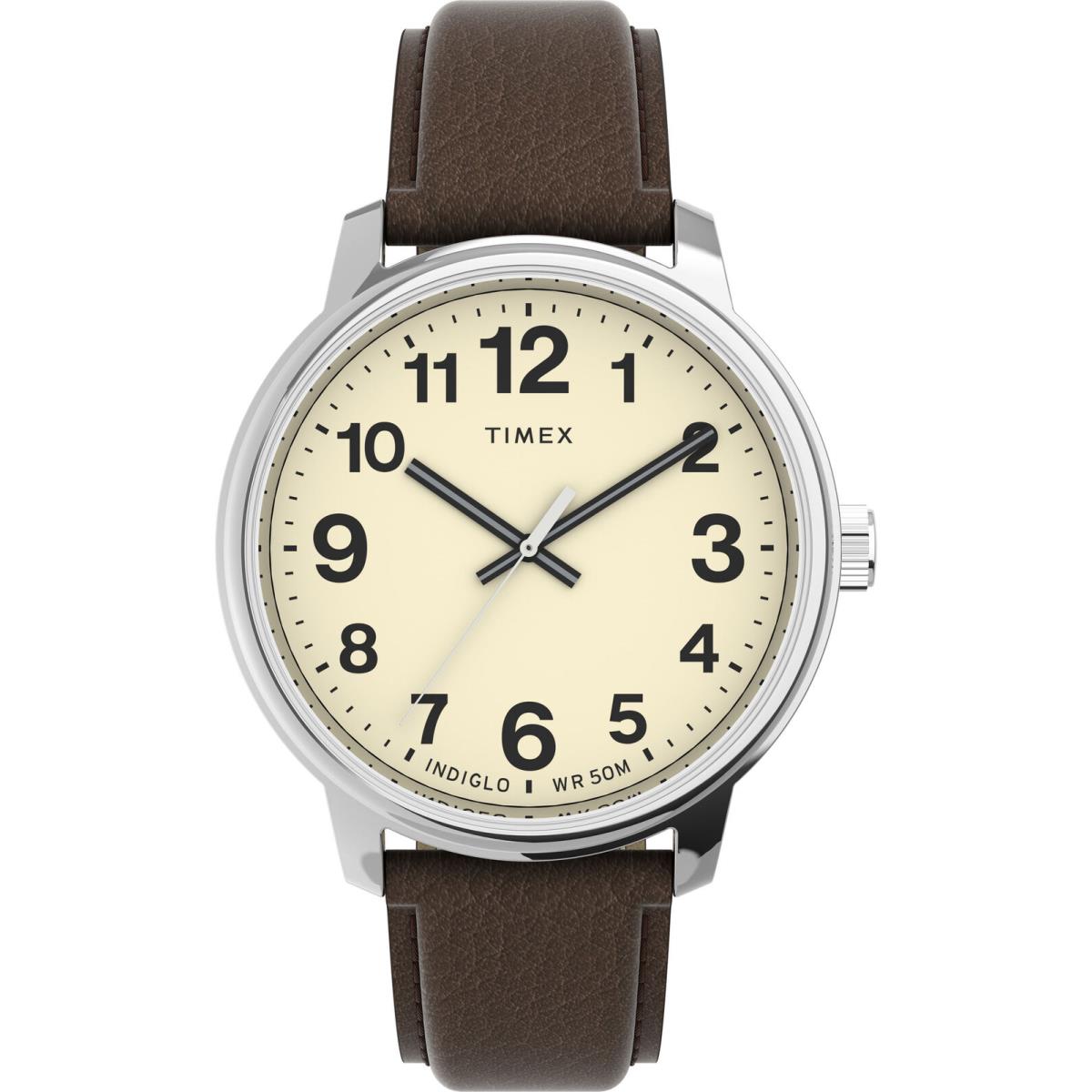 Timex TW2V21300 Men`s Indiglo 43mm Cream Dial Easy Reader Leather Band Watch