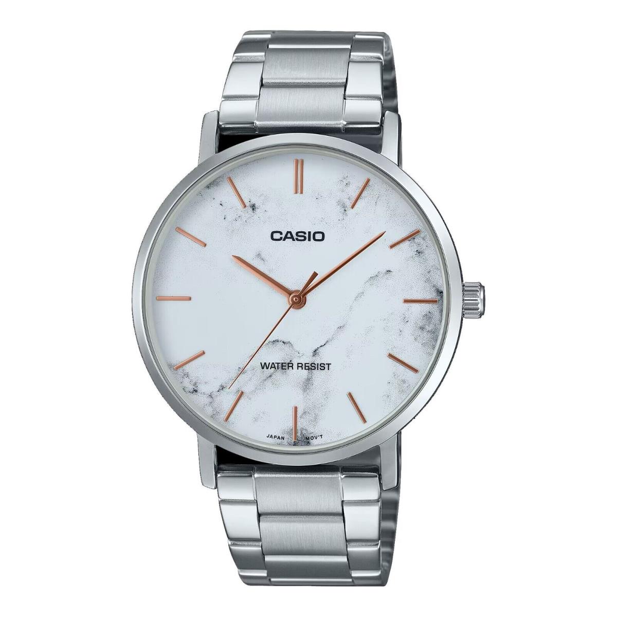 Casio MTP-VT01DM-7A Men`s Stainless Steel Minimalistic White Marbled Dial Watch