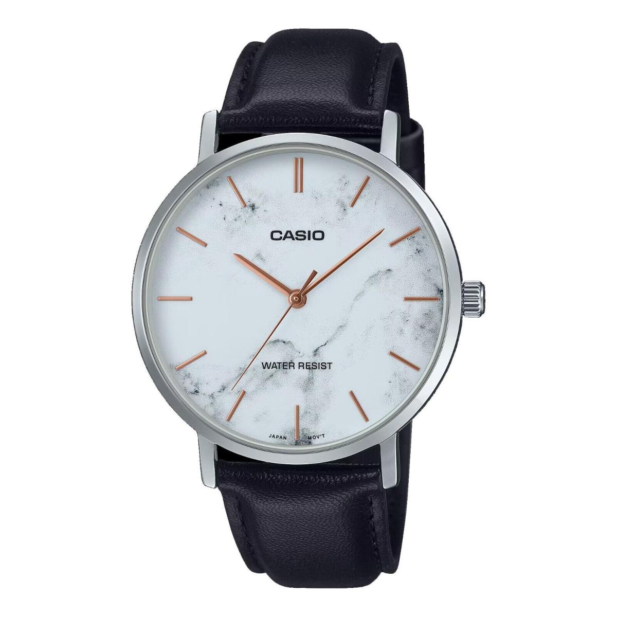 Casio MTP-VT01LM-7A Men`s Minimalistic White Marbled Dial Leather Band Watch