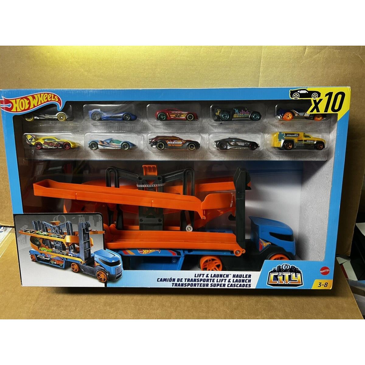 Hot Wheels City Lift and Launch Hauler with 10 Vehicles Cars Mattel