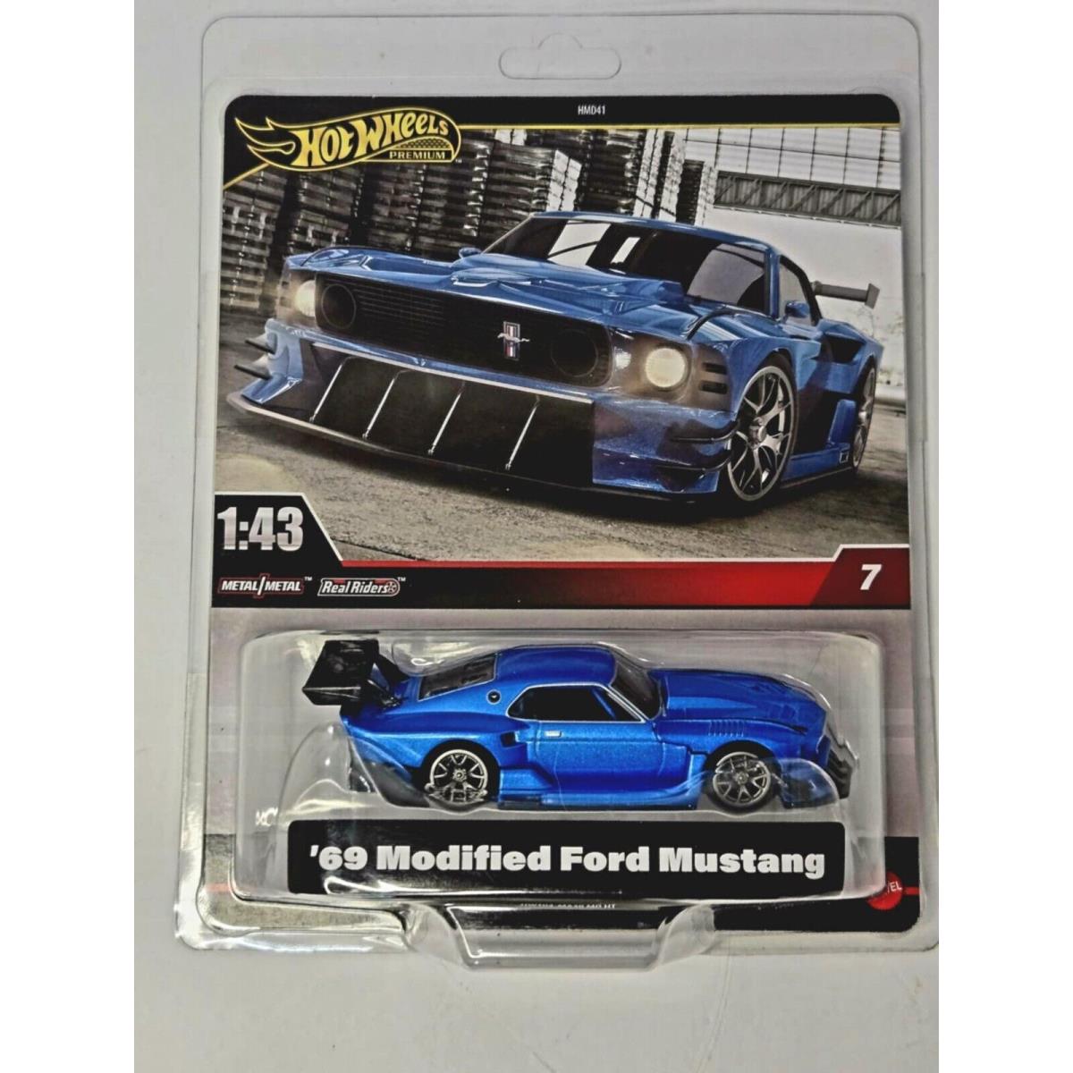 Hot Wheels 1/43 1969 Modified Ford Mustang Blue Premium Real Riders on Card