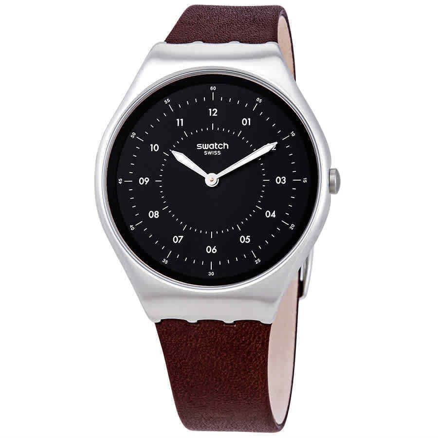 Swatch Skinbrushed Black Dial Brown Leather Men`s Watch SYXS102 - Dial: Black, Band: Brown, Bezel: Silver-tone