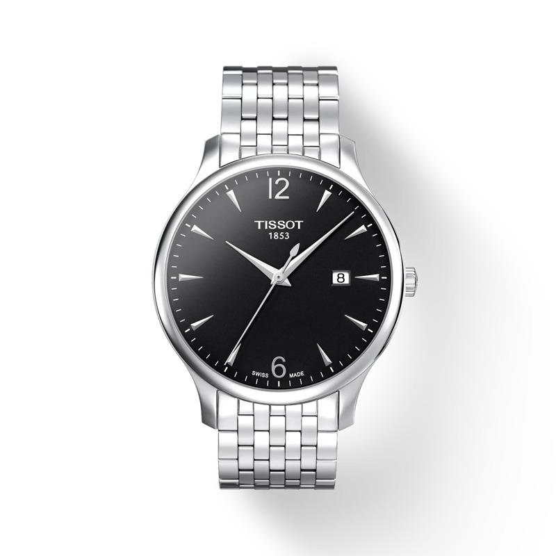 Tissot Tradition Stainless Steel Black Dial Men`s Watch T0636101105700 - Dial: Black, Band: Silver, Bezel: Silver