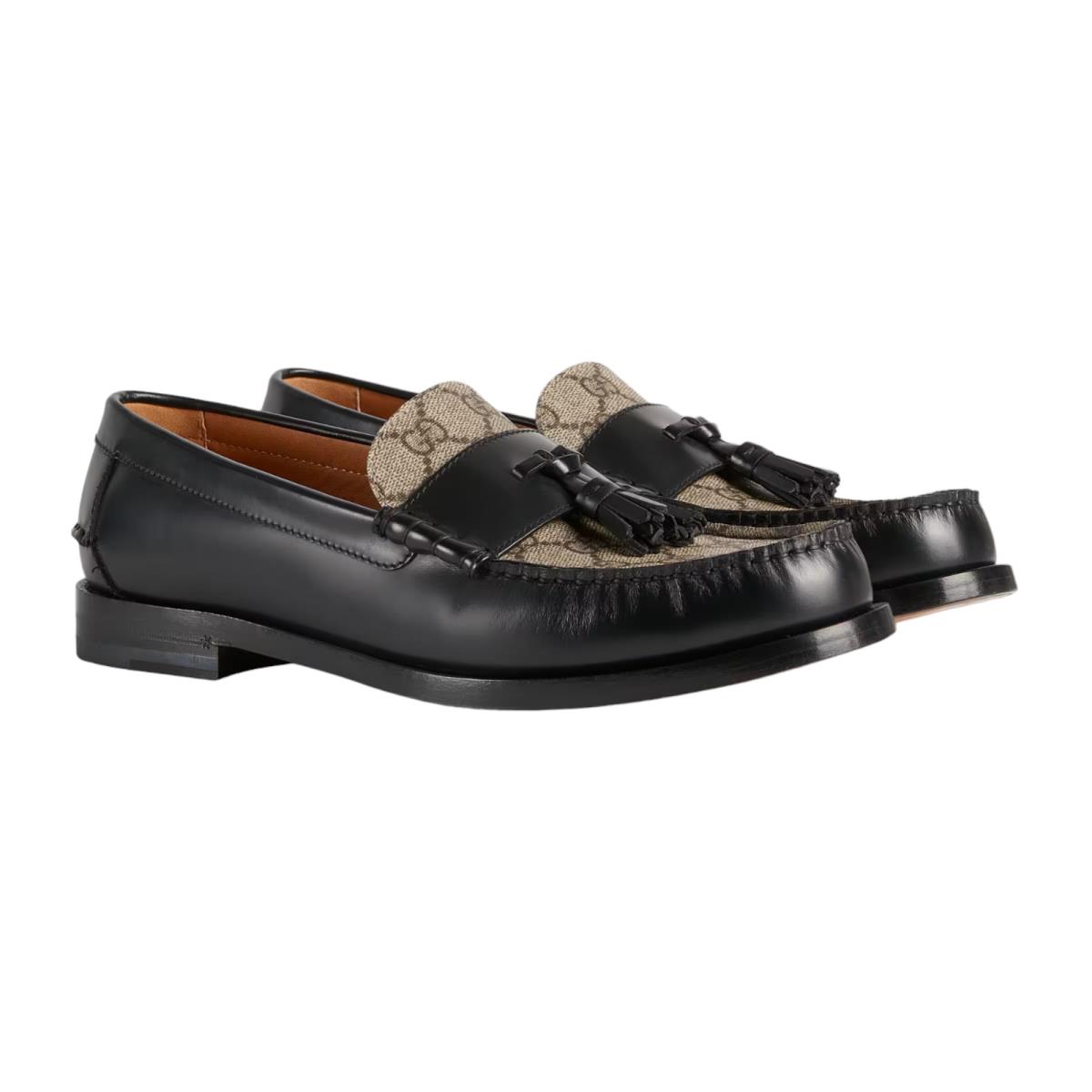 Men`s Gucci Black Leather Canvas GG Supreme Tassel Loafers