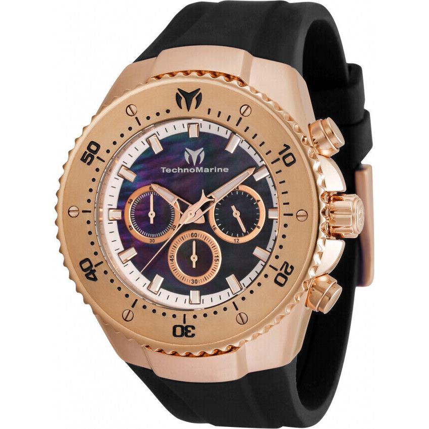 Technomarine Sea Manta Mens 48mm Black Mop Rose Gold Chronograph Watch TM-220069 - Dial: Black, Band: Black, Bezel: Pink, Rose Gold