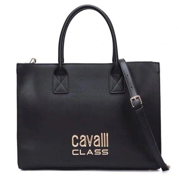 Roberto Cavalli Class Modena Black Vegan Leather Tote Bag 16 x 12 x 5