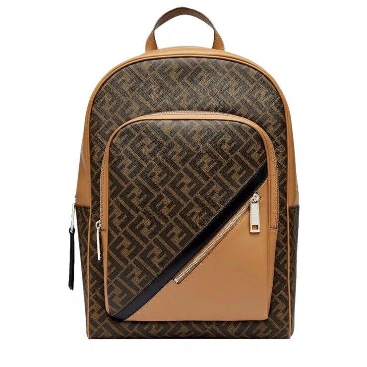 Fendi FF Logo Leather Canvas Backpack Beige/brown Italy 7VZ074