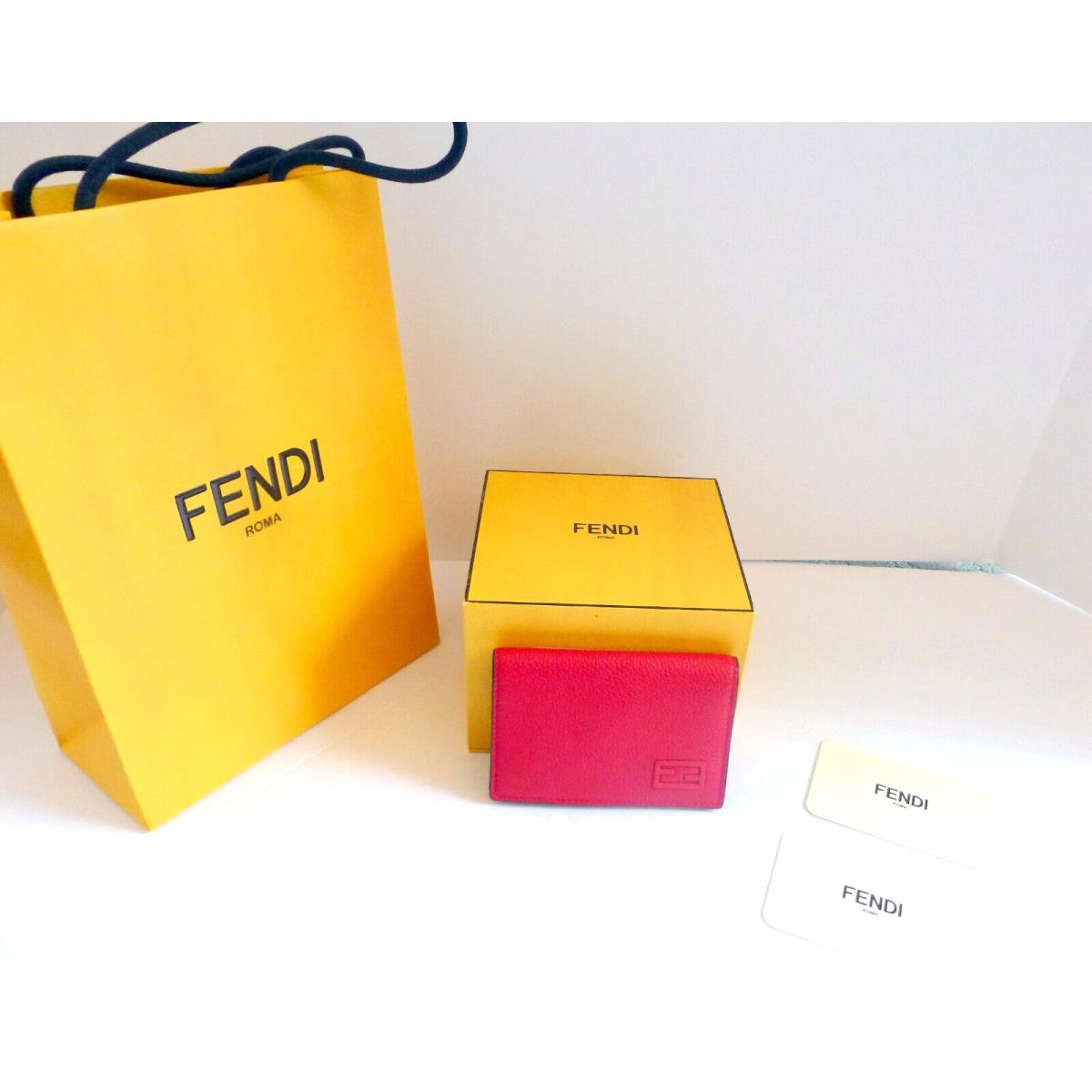 Fendi Credit Card Case Unisex Red Pebbled Leather Card Holder Retail