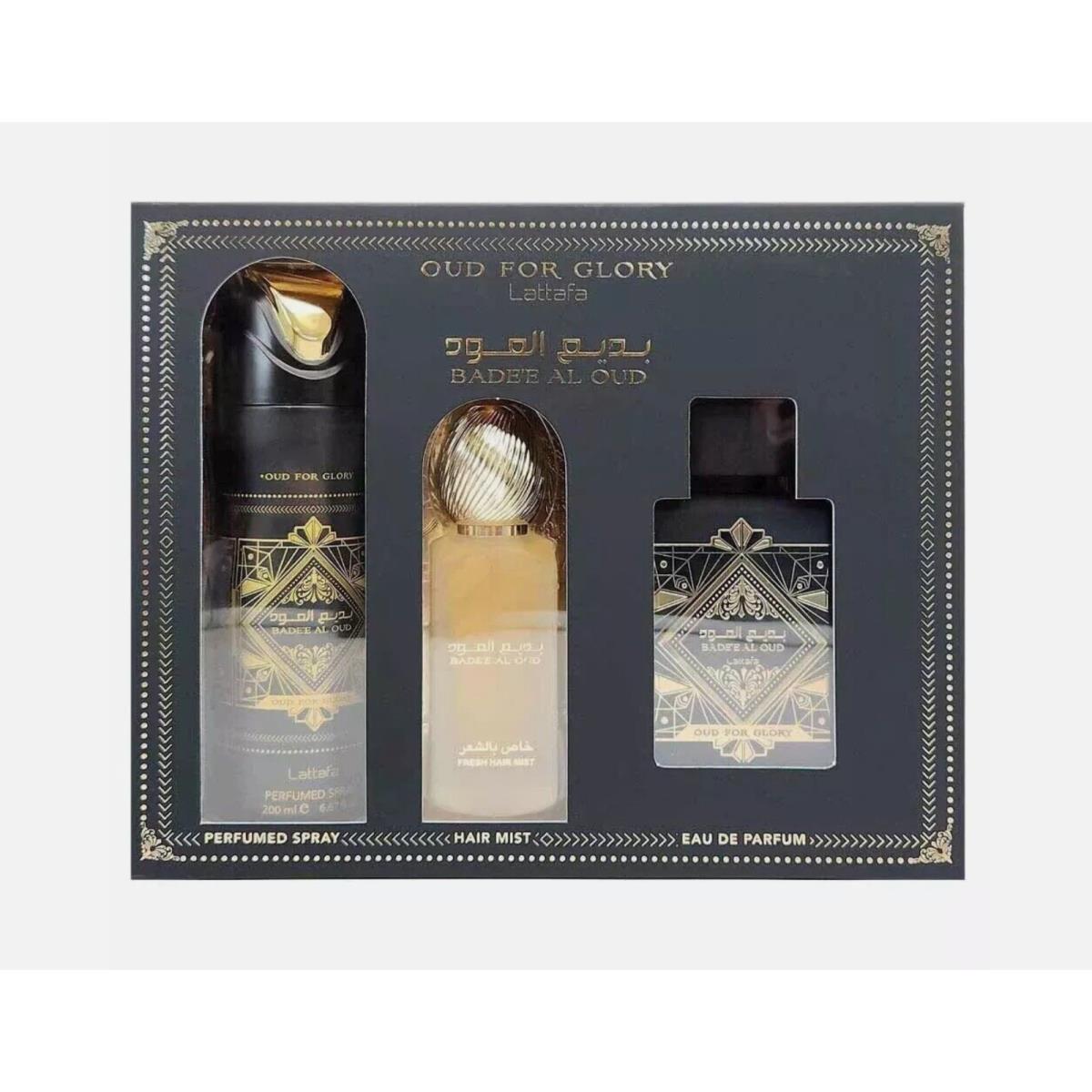 Lattafa Bade e Al Oud 3pc Set: 3.4oz Edp Spray + 1.7oz Hair Mist + 6.7oz Body