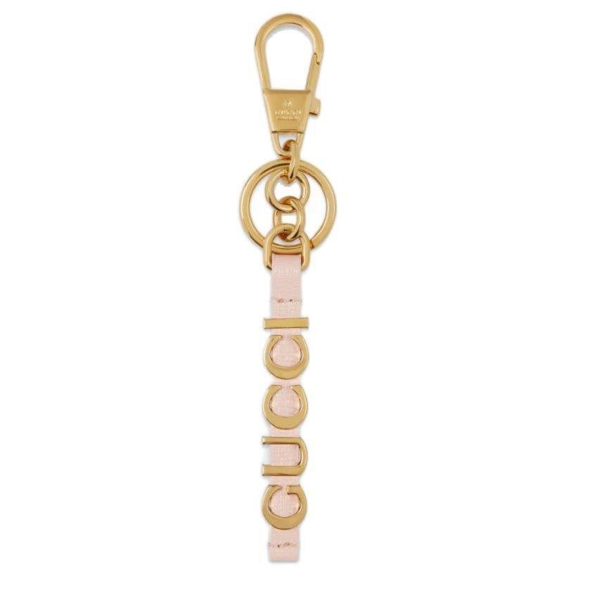 Gucci Gold Metal Gucci Script Pink Leather Keychain Key Ring Bag Charm W/box