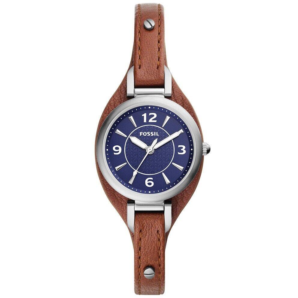 Fossil Women`s Brown Navy Carlie Mini Three-hand Leather Watch ES5205