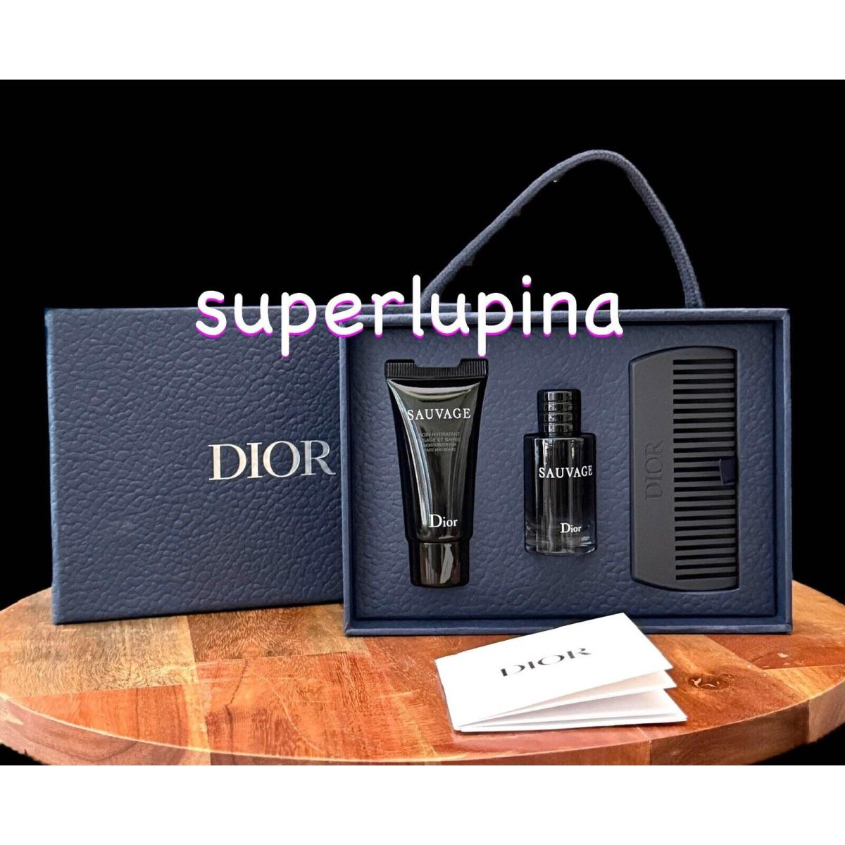 Dior Mens Beard Comb + Sauvage Travel Size Edt Moisturizer 3pc Gift Set