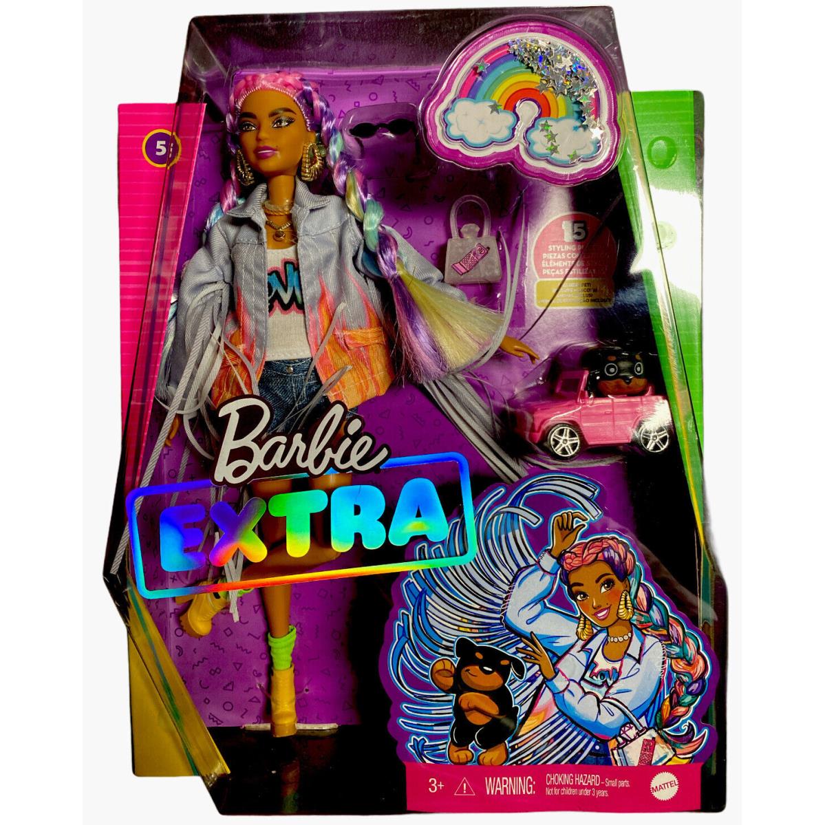 Barbie Extra Doll 5 in Long-fringe Denim Jacket with Pet Puppy Rainbow Braids