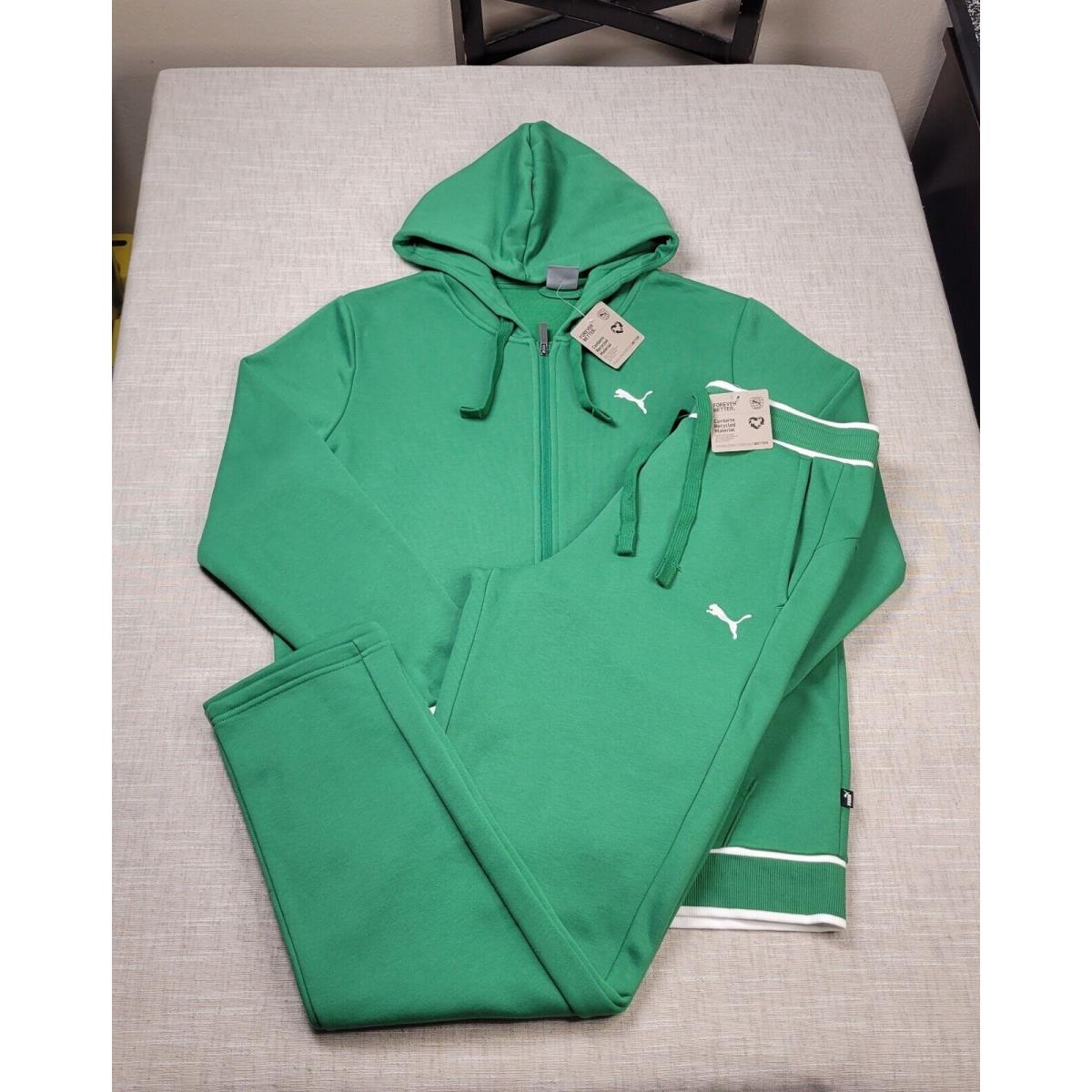 Puma Hoodie Jacket Jogger Pants Set Medium Mens Green White Full Zip Fleece