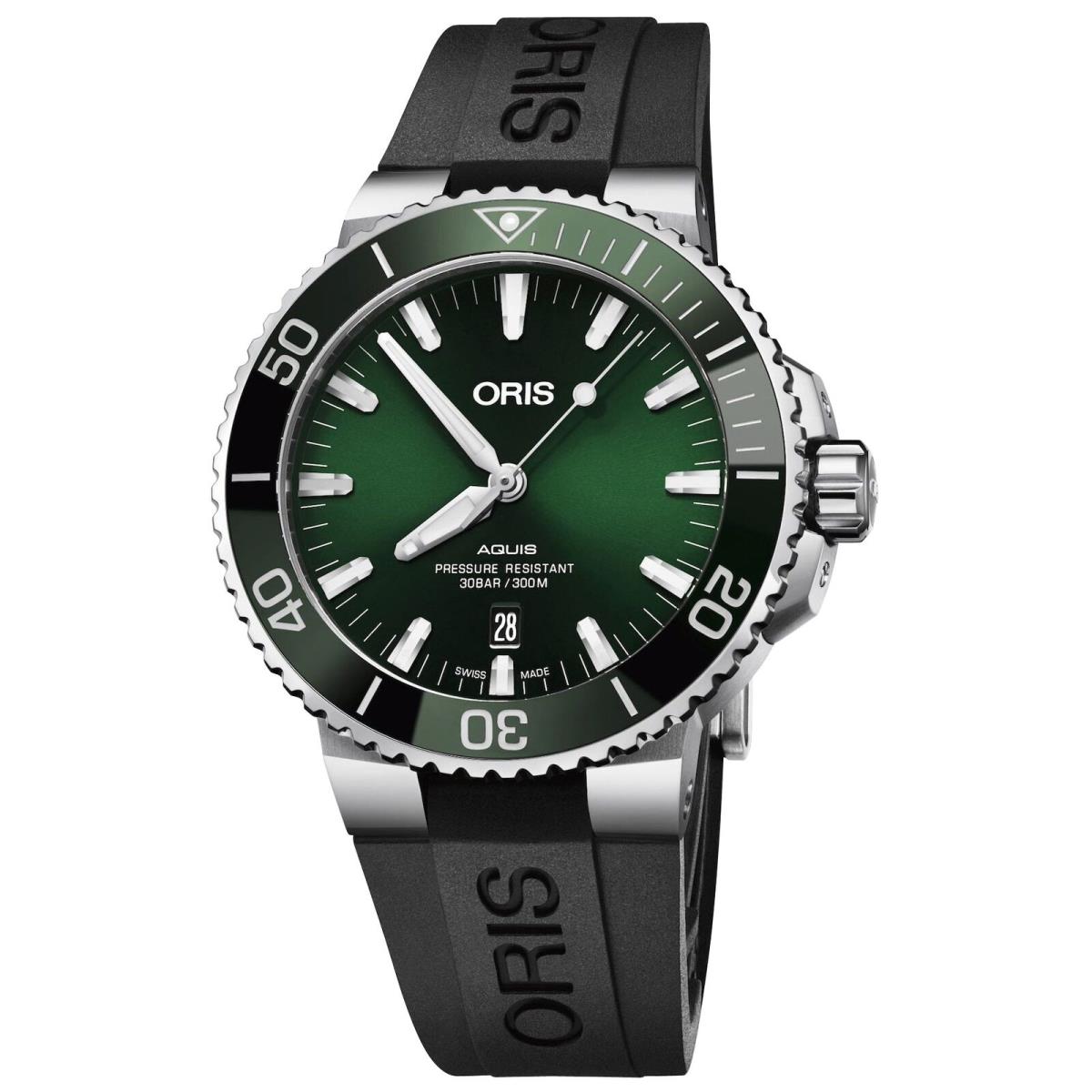 Oris Aquis Automatic Green Dial Black Rubber Divers Mens Watch 733 7730 4157-RS