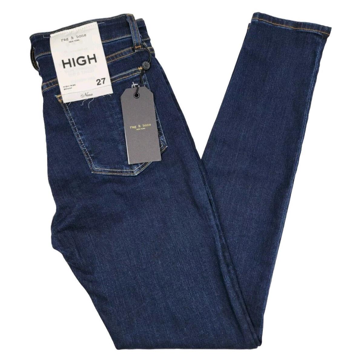 Rag Bone Nina High Rise Skinny Jeans Marine Blue Dark Wash Women`s 27