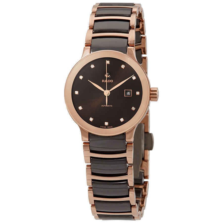 Rado Centrix Automatic Diamond Brown Dial Ladies Watch R30183752 - Dial: Brown, Band: Rose Gold PVD, Bezel: Rose Gold PVD