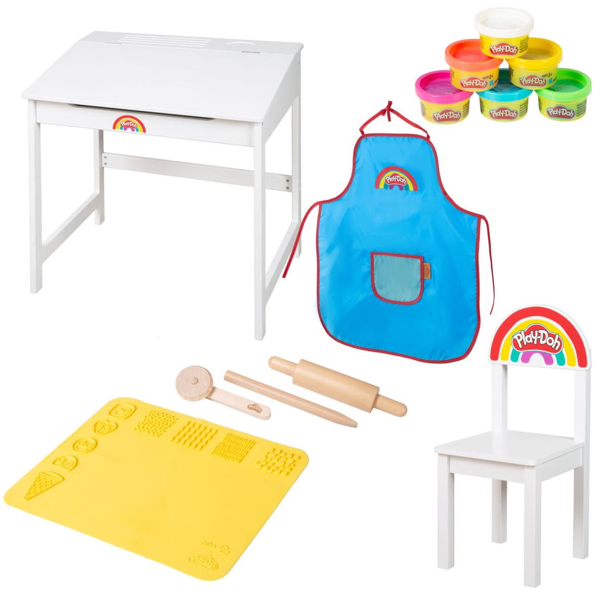 Play-doh School Desk Set: Wooden Chair 6 Colors Apron Tools 3D Mat Kids 3+