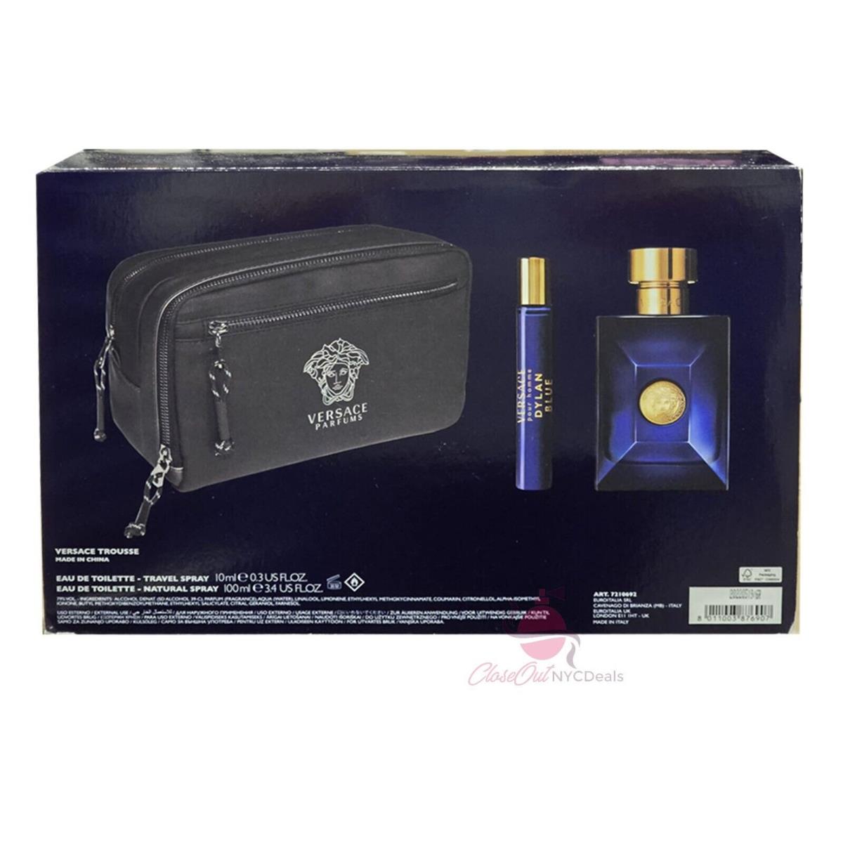 Versace Dylan Blue 3PC Set -3.4oz Edt Spray+0.34oz Edt Travel Spray+toiletry Bag