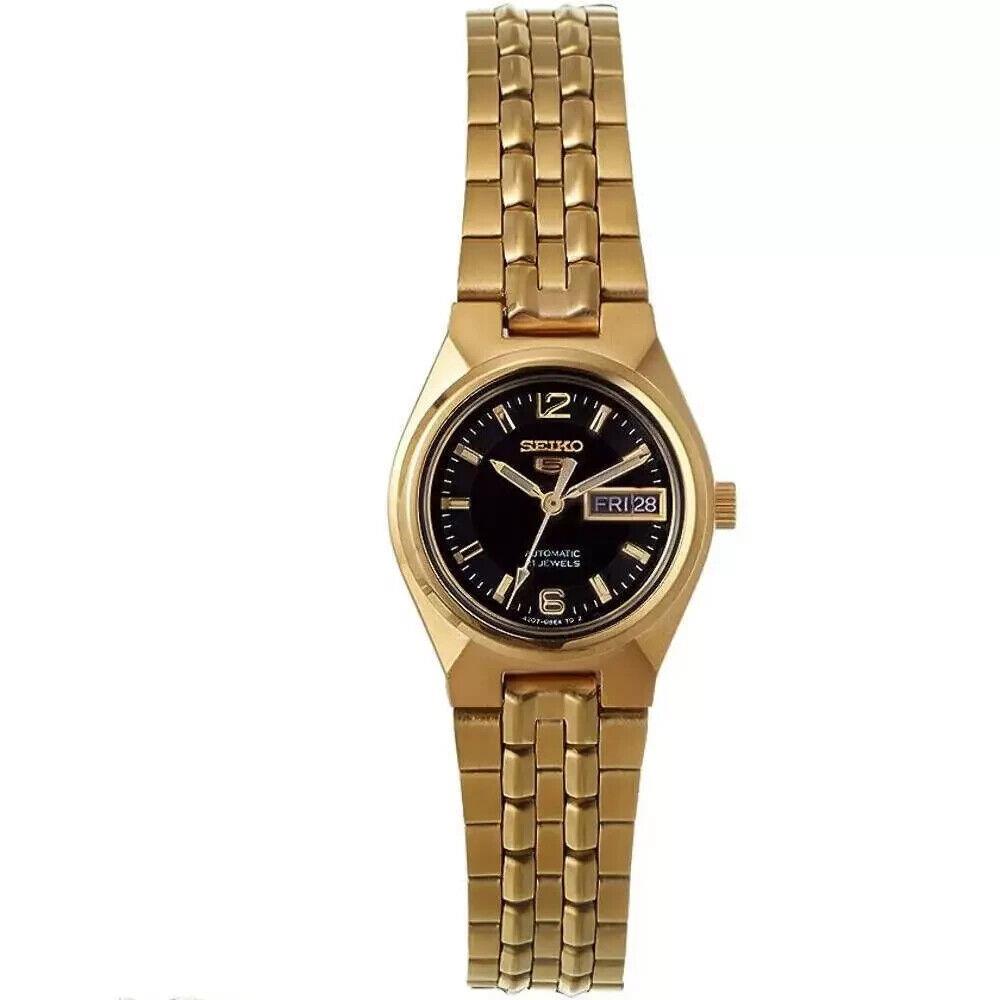 Seiko 5 Gold Tone/black Dial Women`s Automatic Analog Dress Watch SYMK38K1