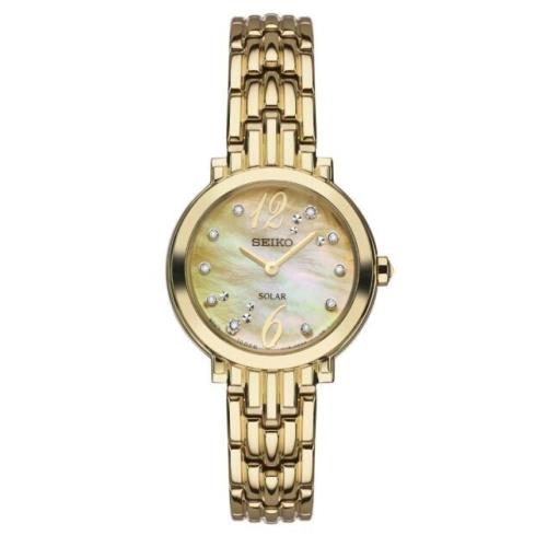 Seiko Solar Tressia Women`s Gold Watch Mother of Pearl Diamond Accented Dial