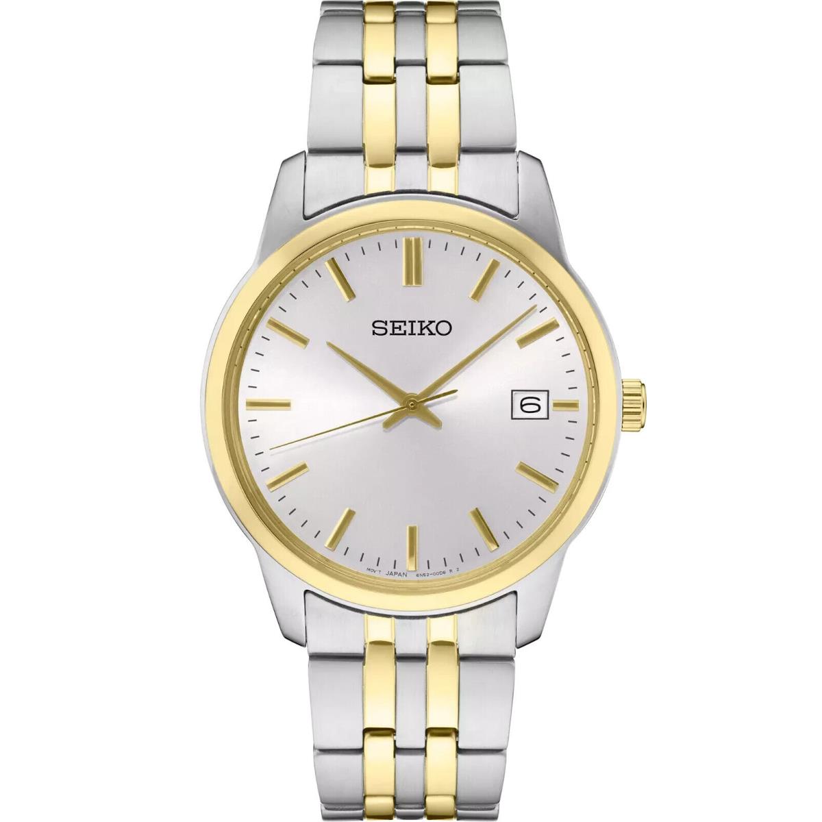 Seiko SUR402 Essentials Gold Silver Tone Quartz Date White Dial Men`s Watch