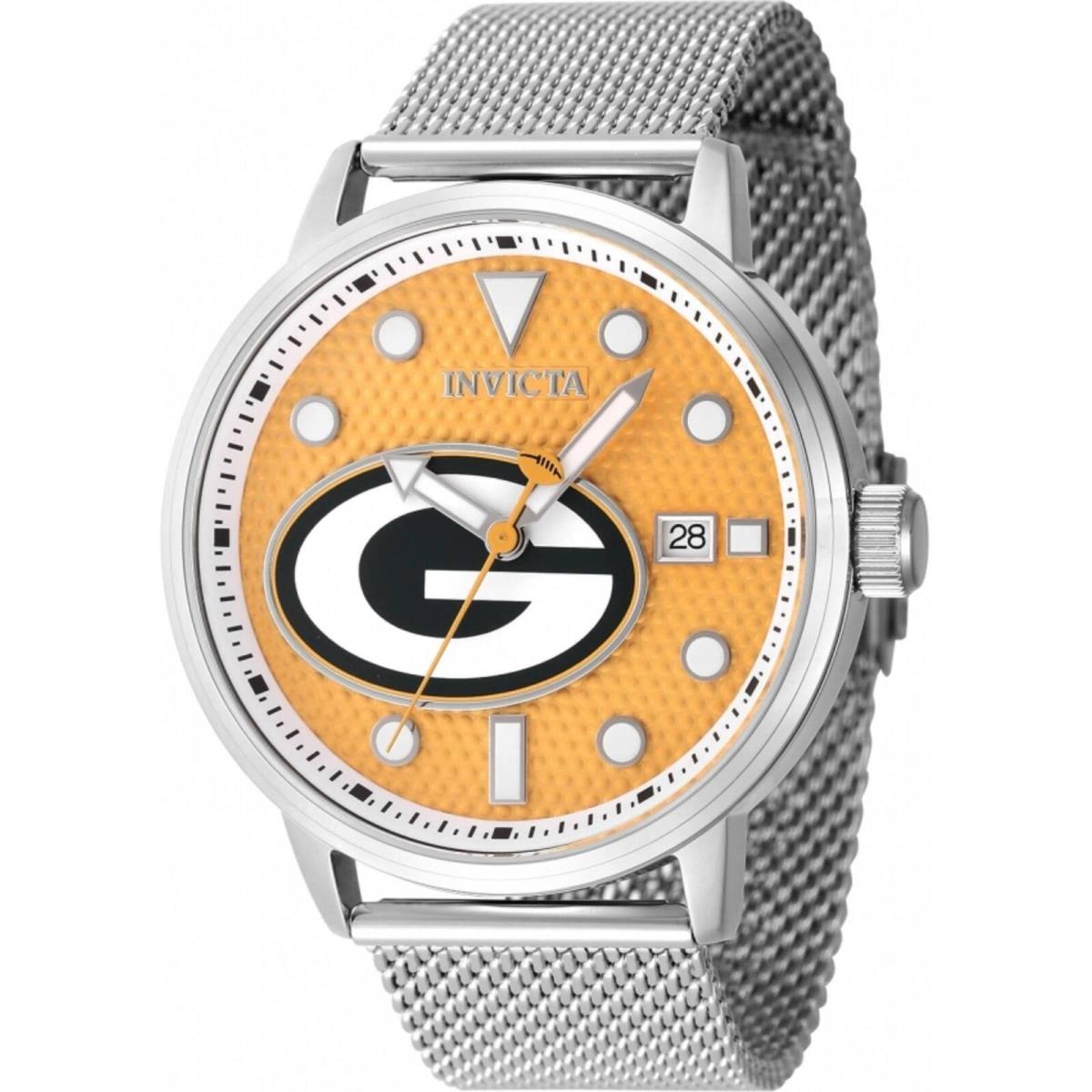 Invicta Men`s Watch Nfl Green Bay Packers Yellow Dial Steel Mesh Bracelet 47988