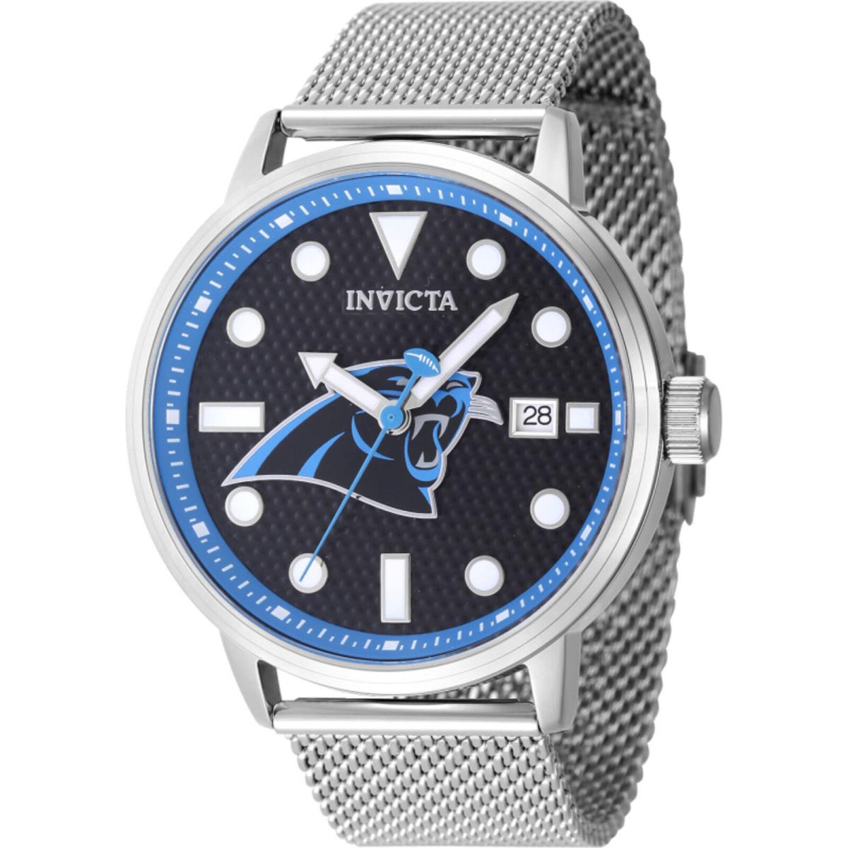 Invicta Men`s Watch Nfl Carolina Panthers Black Dial Steel Mesh Bracelet 47999