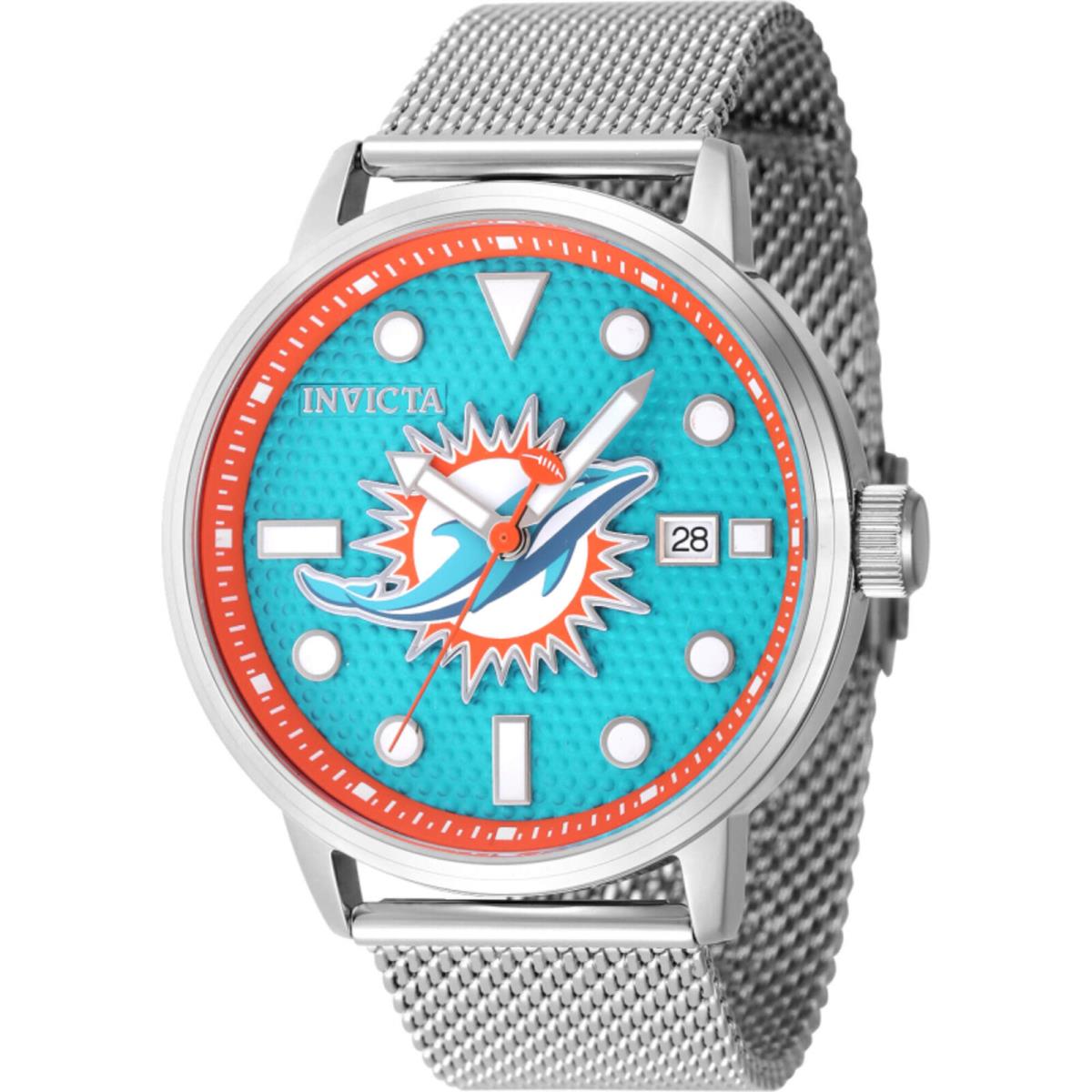 Invicta Men`s Watch Nfl Miami Dolphins Light Blue Dial Steel Mesh Bracelet 47972