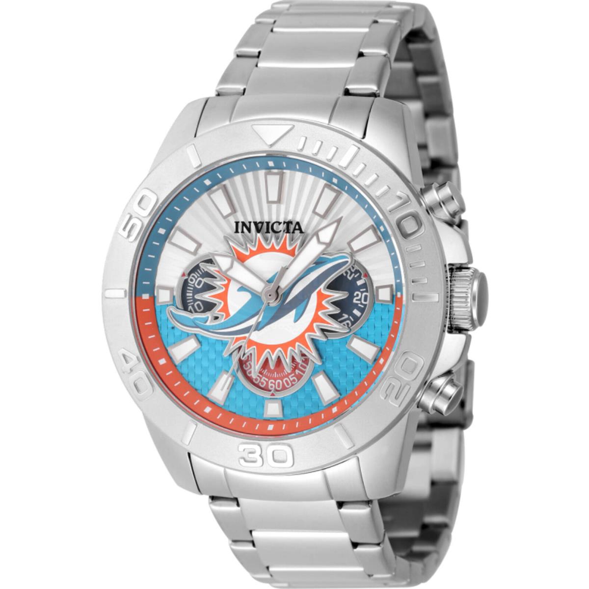 Invicta Men`s Watch Nfl Miami Dolphins Light Blue Silver and Orange Dial 47936