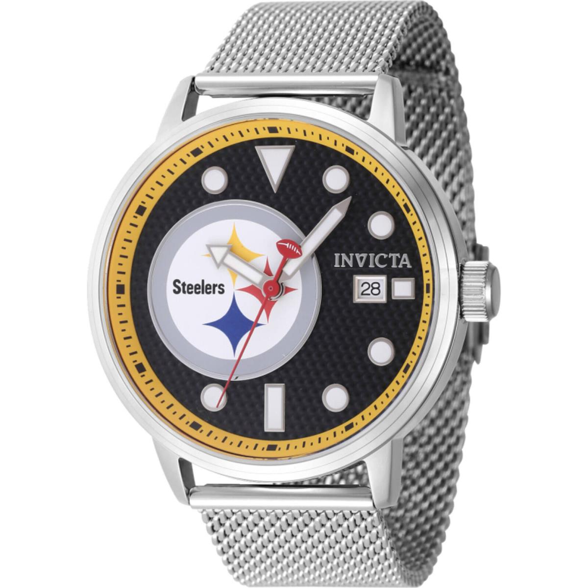 Invicta Men`s Watch Nfl Pittsburgh Steelers Black Dial Steel Mesh Bracelet 47969