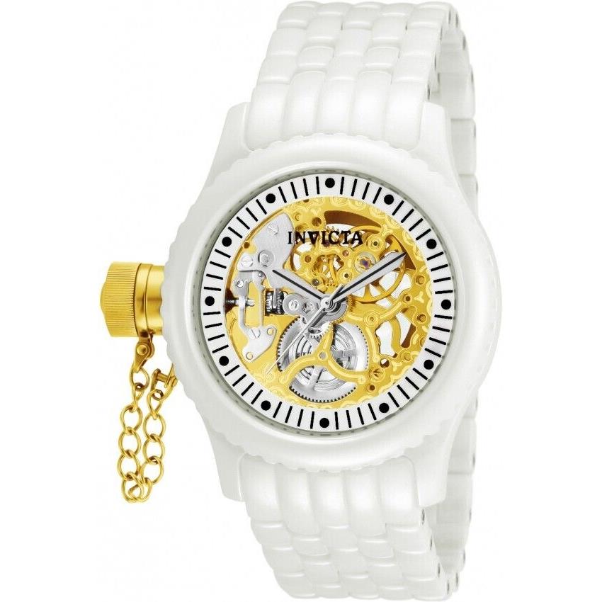 Invicta 1897 Women`s Russian Diver Gold Dial White Rubber Band 42mm Watch - Dial: Gold, Band: White, Bezel: White