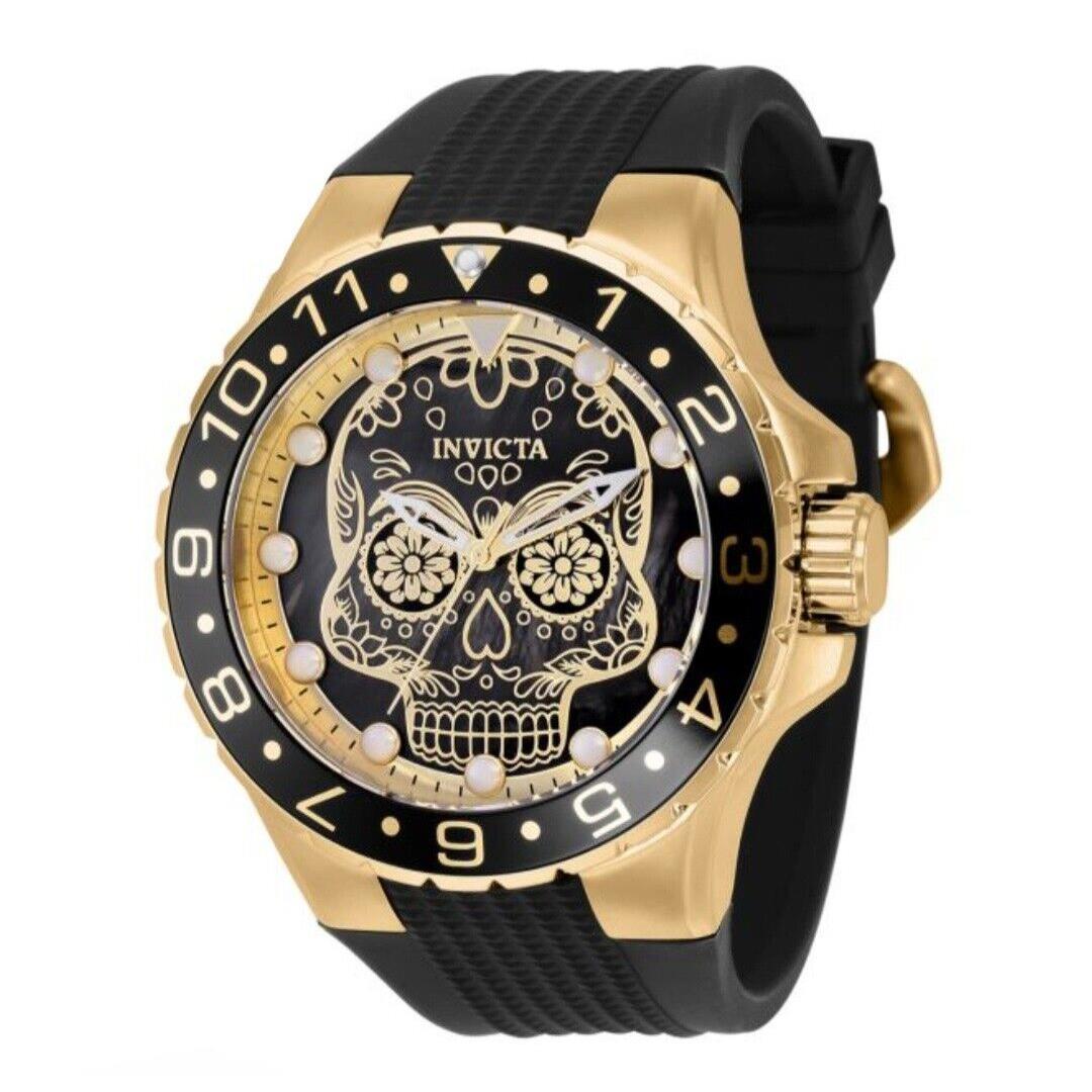 Invicta Men`s 50mm Aviator Dia De Los Muertos Quartz Mop 100m Gold Tone Watch - Dial: Purple, Green, Yellow, Pink, Silver, Blue, Black, Band: Black, Bezel: Red